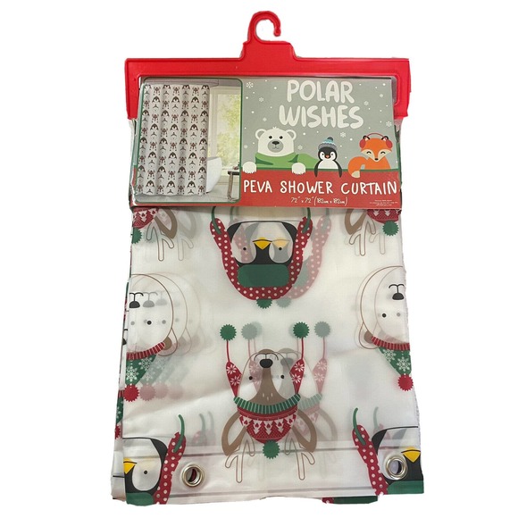 Cute Christmas Holiday Penquin, Polar Bear & Fox Peva Shower Curtain NEW 72 x 72 - Picture 1 of 3